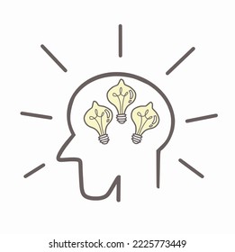 Three vintage blinking light bulbs inside head, Cartoon vector Illustration, New idea concept