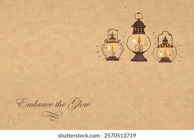 Three vintage doodle  lanterns emitting warm light on vintage textured background. Vector sketch illustration with place for your text.