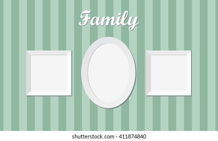 Three vintage family photo frames against the background of striped wallpaper