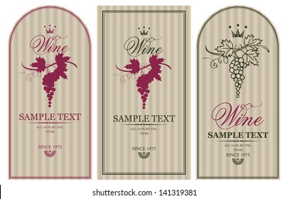 Three vintage labels for wine with grapes