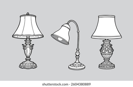 Three vintage lamps, perfect for use as design resources in posters. vector illustration.