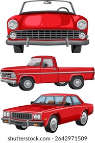 Three vintage red cars in detailed vector style, showcasing classic automotive design with vibrant colors and clean lines