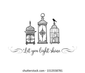 Three vintage rustic lanterns in doodle style on white background