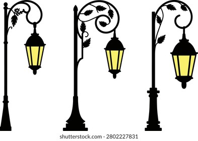 Three vintage street lamp posts with glowing yellow light