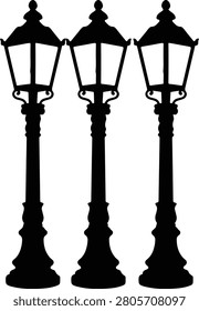 Three vintage street lampposts standing in a row, classic and elegant black and white vector illustration
