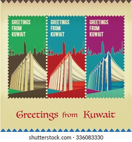 Three Vintage Style Postage Stamps - Greetings From Kuwait - Landmark Parliament Building