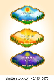 Three vintage time-lapse landscape tag icons, create by vector