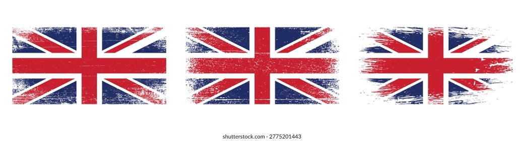 Three Vintage Union Jack flags with distressed texture on white background