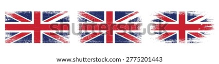 Three Vintage Union Jack flags with distressed texture on white background