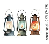 Three vintage-style lanterns with lit flames, each with a unique color scheme and design, creating a warm, inviting atmosphere.