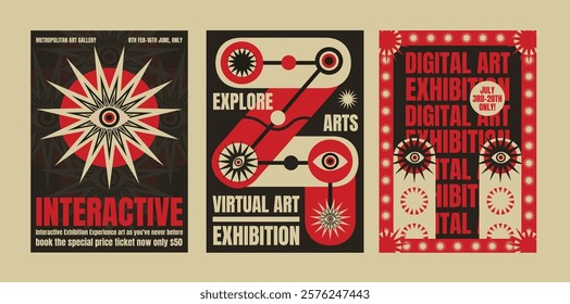 Three vintage-style posters for a digital art exhibition. Bold graphics, red and black colors, and eye motifs psychedelic art theme. Psychedelic retro poster template vectors.