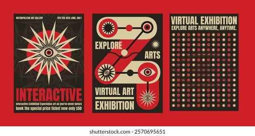 Three vintage-style posters for a virtual art exhibition. Bold graphics, interactive elements, and eye-catching psychedelic designs. Psychedelic retro poster template vectors.