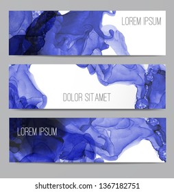 Three violet banners with abstract alcohole ink painting on white background with place for your text