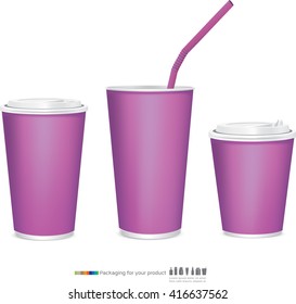 Three violet cardboard cups with a straws. Isolated on a white.
