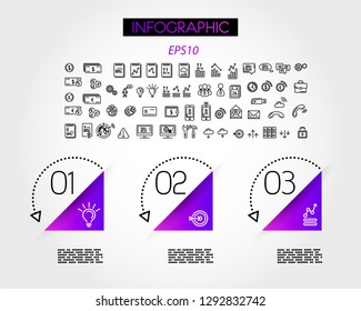 three violet infographic triangles with dotted arrows, option concept