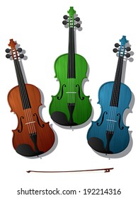 Three violins in colors against white background