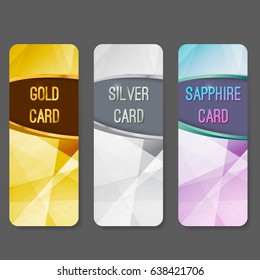 Three vip premium membership vertical cards flyers layout. Premium exclusive privilege private retail services. Gold silver and sapphire luxurious geometrical background pattern. Vector illustration