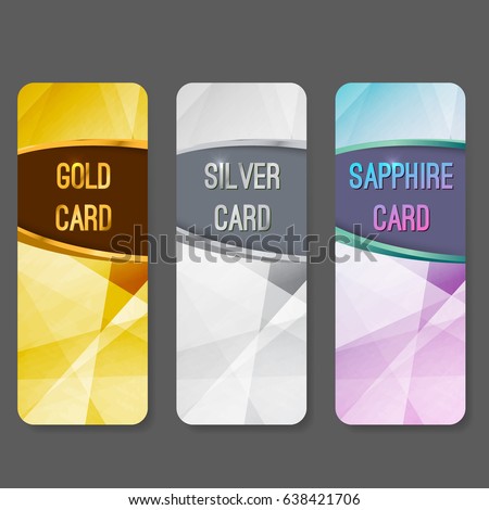 Three vip premium membership vertical cards flyers layout. Premium exclusive privilege private retail services. Gold silver and sapphire luxurious geometrical background pattern. Vector illustration