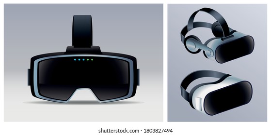 tres accesorios de máscaras de realidad virtual con diseño de ilustración vectorial de fondo gris
