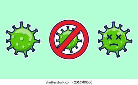 Three virus stickers including virus, block virus and dead virus vector illustration character. with viral sticker icon icon concept in flat cartoon style.