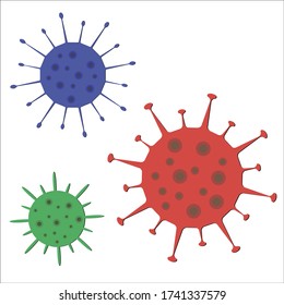 Three viruses red, blue and green on a white background. Coronavirus.