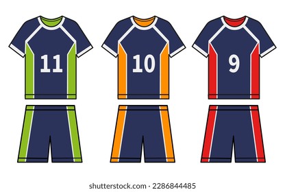 Three volleyball uniforms: t-shirt and shorts with numbers. Volleyball clothes in different colors. Vector illustration on white background. Set of sports volleyball clothes. Sport collection.