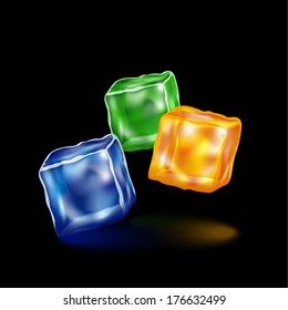 three volumetric colored cubes on a black background