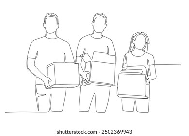 Three volunteers carrying donations. Volunteering concept one-line drawing
