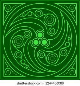 Three vortexes, Celtic square green pattern, weaving with 3 circles.   