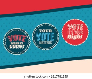 three vote seal stamps on blue and starry background design, President election government and campaign theme Vector illustration