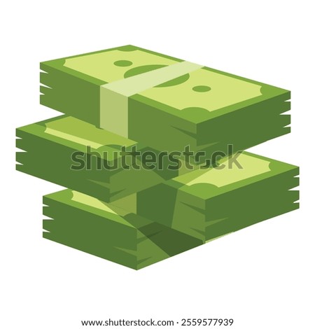 Three wads of banknotes stacked in ascending order illustrating increasing profits