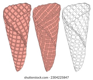 Three waffle cones to illustrate fillings for ice cream or other sweets.