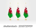 Three Wales flags in a row on a golden stand, illustration of press conference and other meetings. Vector illustration.