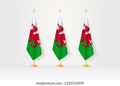 Three Wales flags in a row on a golden stand, illustration of press conference and other meetings. Vector illustration.