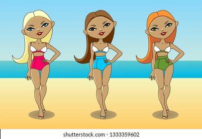 Three walking girls in bathing suits on the background of sand, sea and sky. Blonde, brunette and redhead. Vector illustration.