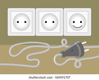 Three wall electric sockets. One of them smiles. Vector illustration.