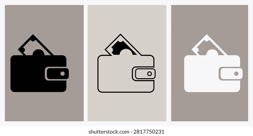 Three wallet icons with varying amounts of cash inside displayed side by side