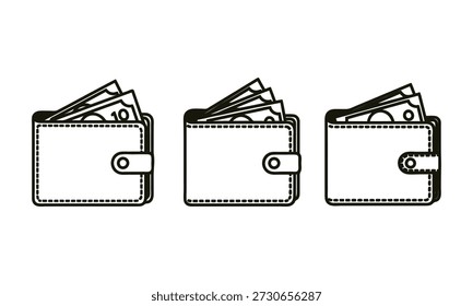 Tres carteras con el dinero aislado en fondo transparente