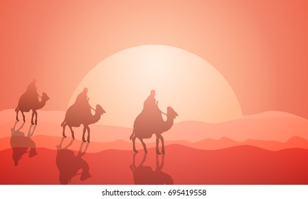 Three wanderers on camels in the desert