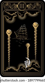 Three of wands. Card of Minor arcana black and gold tarot cards. Tarot deck. Vector hand drawn illustration with occult, mystical and esoteric symbols.