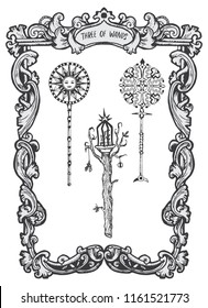 Three of wands. Minor Arcana tarot card. The Magic Gate deck. Fantasy engraved vector illustration with occult mysterious symbols and esoteric concept