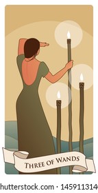 Three of wands. Tarot cards. Woman on her back, looking away, in the sea with three torches on sticks.