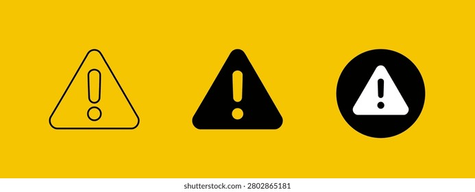 Three warning signs with exclamation marks on a bright yellow background, black and white icons