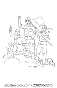 Tres guerreros hacen guardia en el campo de batalla. Ilustración de dibujos animados de vector blanco y negro para una página de libros de color