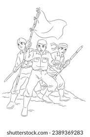 Three warriors stand guard on the battlefield. Black and white vector cartoon illustration for a coloring book page