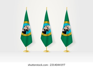 Three Washington flags in a row on a golden stand, illustration of press conference and other meetings. Vector illustration.