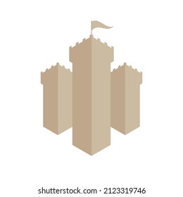 Three watchtowers with a pennant. Medieval castle. Flat vector illustration isolated on white background.