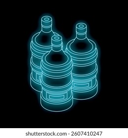 Three water cooler bottles are glowing with neon light on a black background