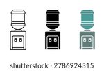 Three water cooler icons in line black and green styles for office or home hydration solutions
