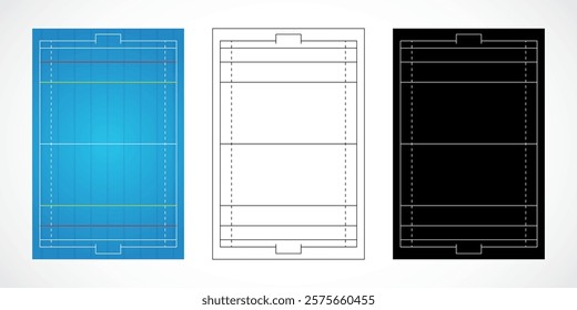 Three water polo pool designs: colorful layout, white outline, and black schematic for sports strategy, planning, or education purposes.
